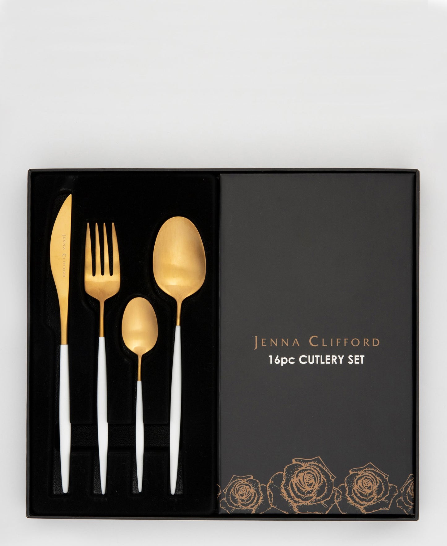 Jenna Clifford Satin 16 Piece Cutlery Set - White & Gold