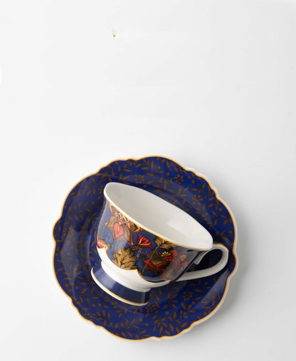 Jenna Clifford Blue Fern 150ml Cup & Saucer In Gift Box - Blue & Gold