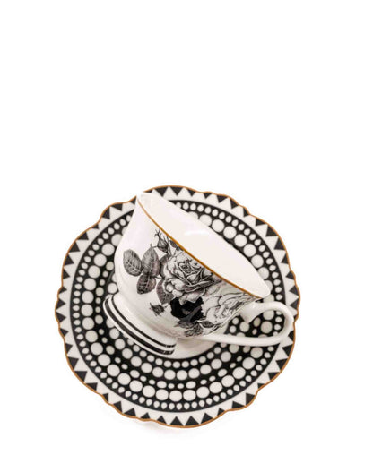 Jenna Clifford Black Rose Cup & Saucer - Black & White