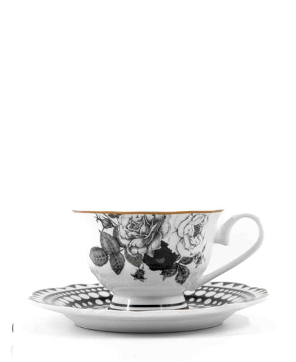 Jenna Clifford Black Rose Cup & Saucer - Black & White