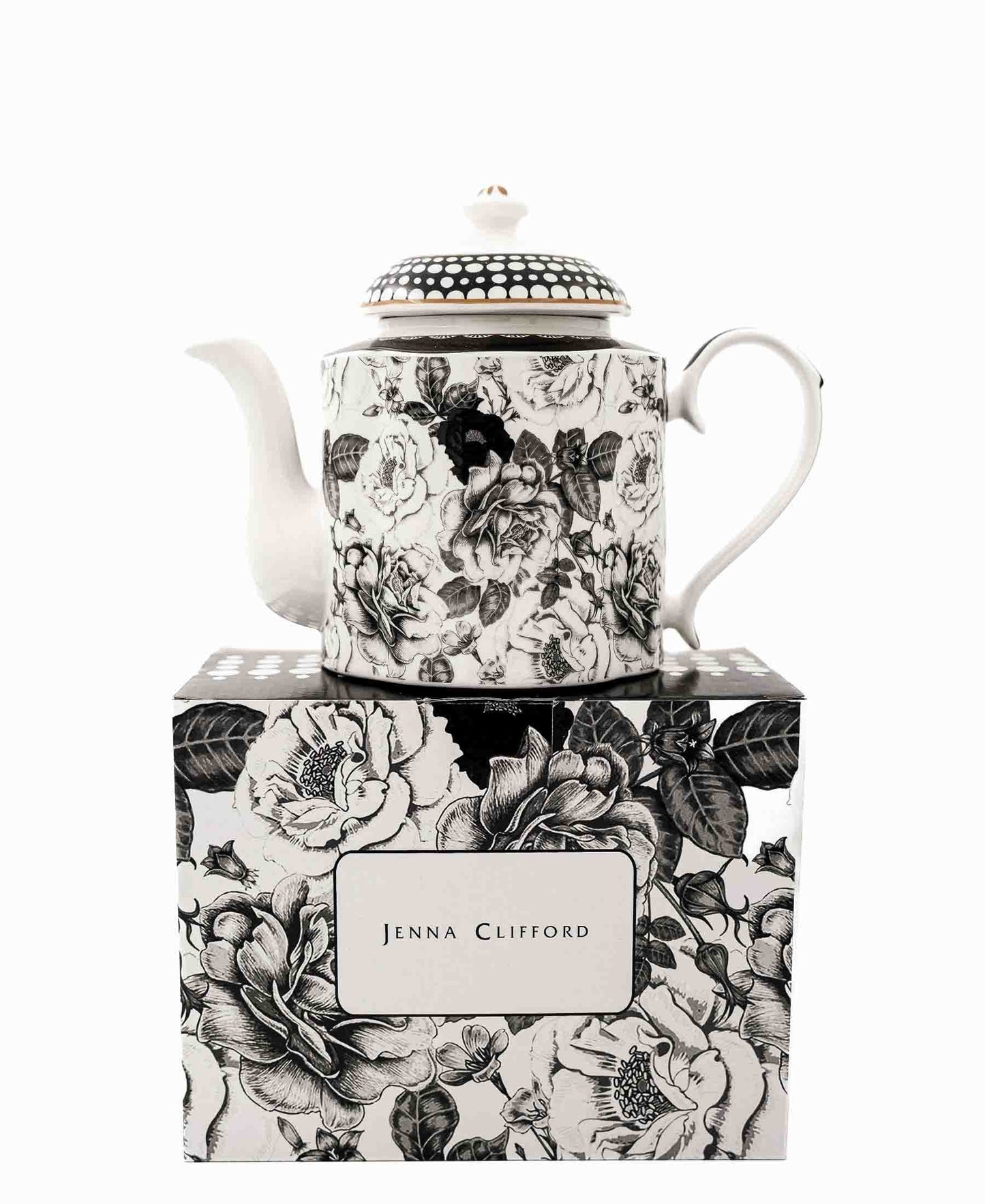 Jenna Clifford Black Rose Tea Pot - Black & White
