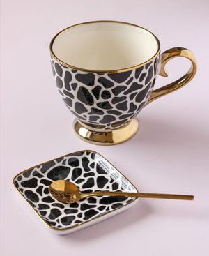Kitchen Life Leopard Print Cup & Saucer 3 Piece Set - Black With Gold Rim