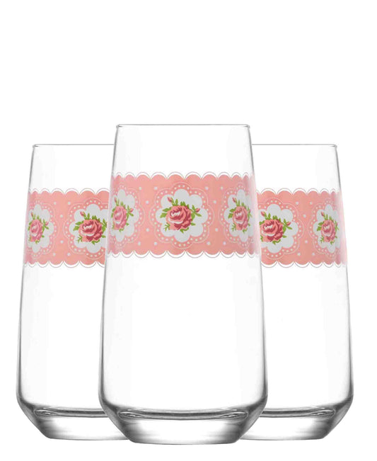 LAV 3 Piece Mona 480ml Soft Drink Glass Set - Clear With Pink Print