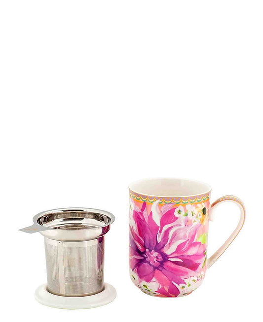 Maxwell & Williams T's & C's Dahlia Daze Lidded Mug With Infuser 340ML Pink Gift Boxed