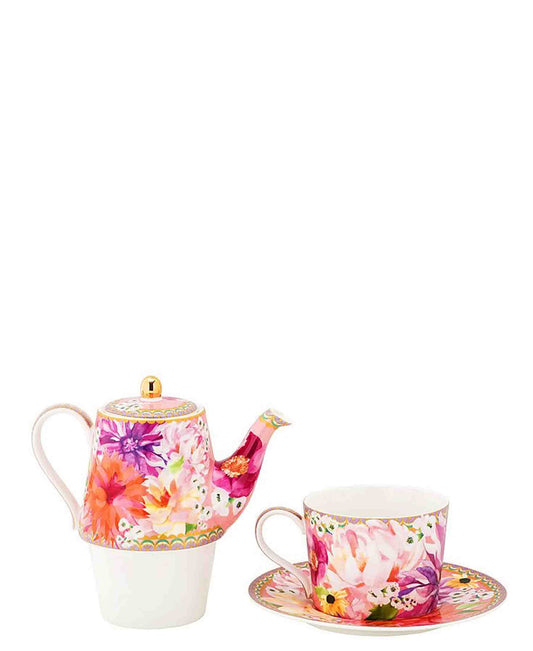 Maxwell & Williams T's & C's Dahlia Daze Tea for One With Infuser 340ML Pink Gift Boxed