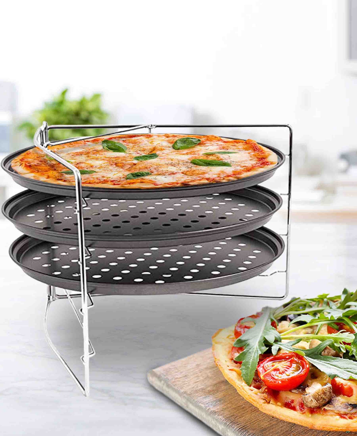 Excellent Houseware Non Stick 4 Piece Stackable Pizza Pan & Stand - Grey