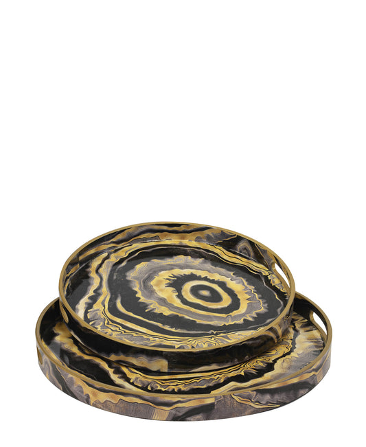 Kitchen Life Resin Tray Round Agate Eye Set Of 2 - Black & Gold