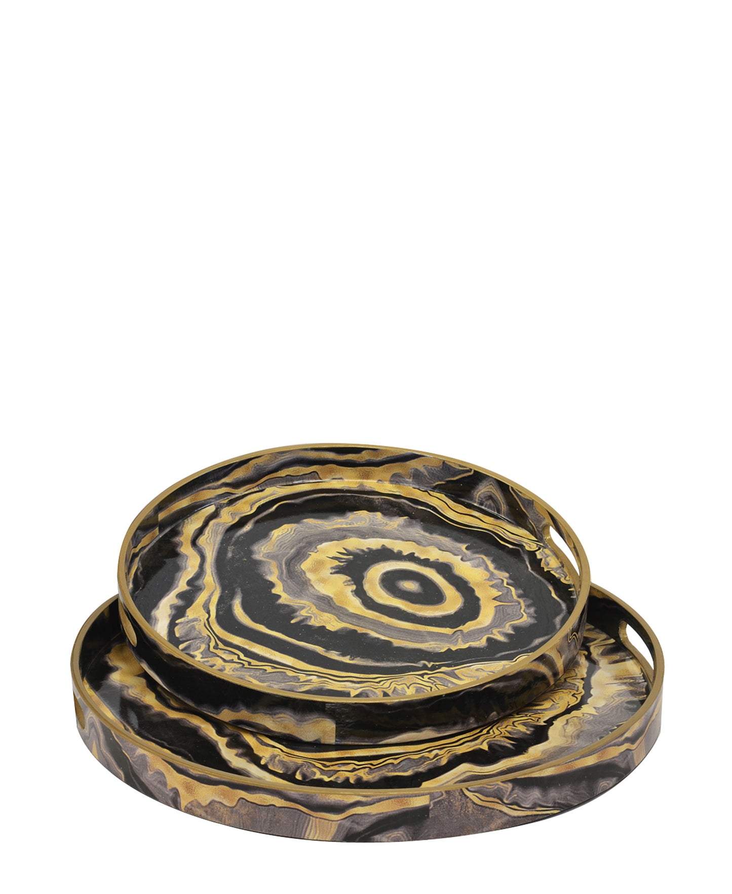 Kitchen Life Resin Tray Round Agate Eye Set Of 2 - Black & Gold