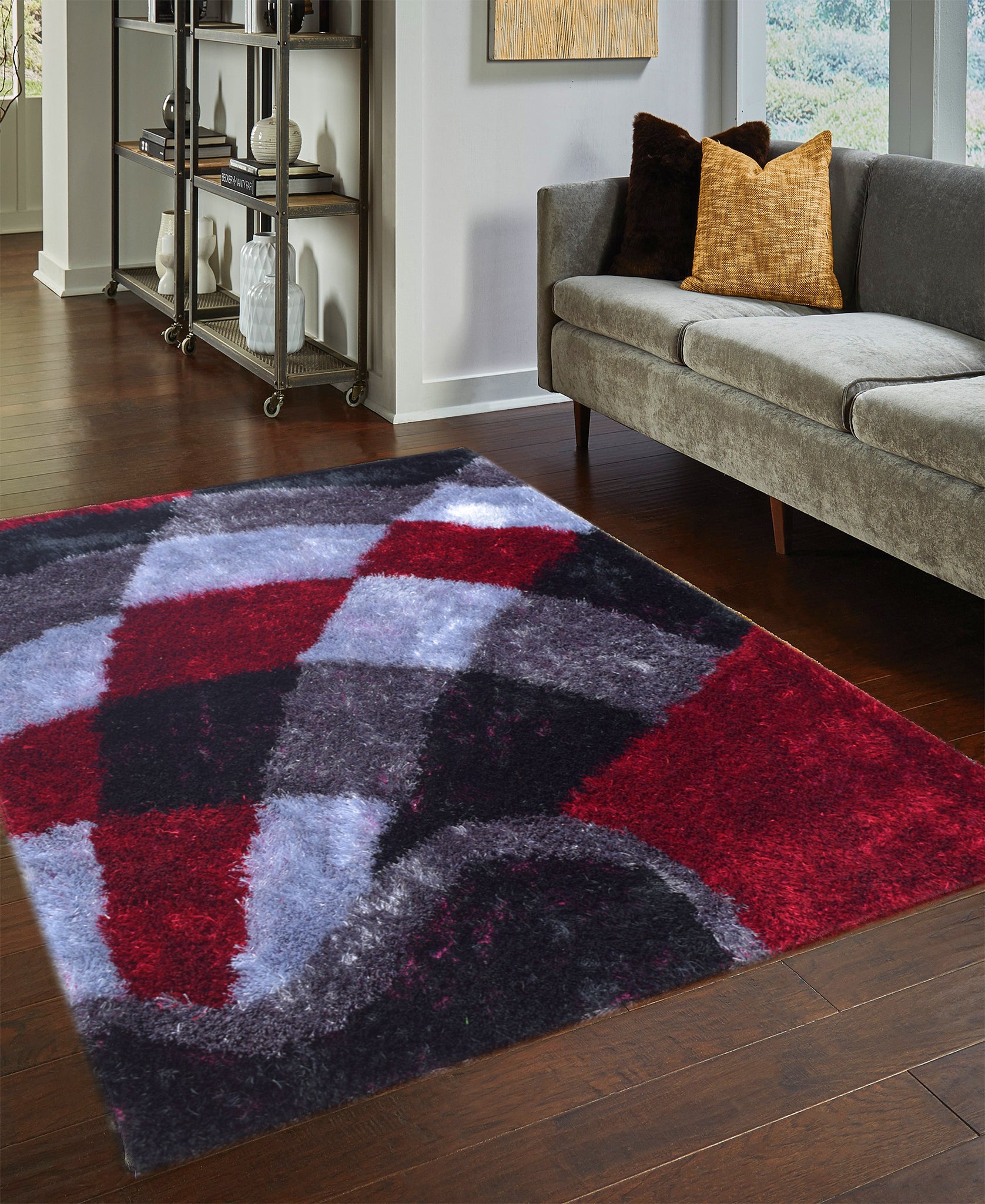 Shaggy Checkered Carpet 1200mm x 1600mm - Red, Grey & Black