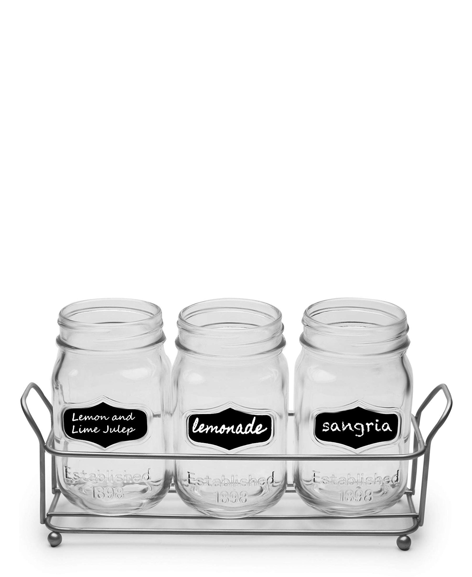 Circleware Chalkboard Mason Jar Glasses with Metal Holder Stand Set of 4 - Clear