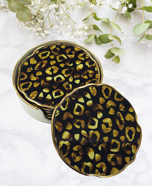 Kitchen Life Glass Coaster Black Jaguar Set Of 6 - Black & Gold