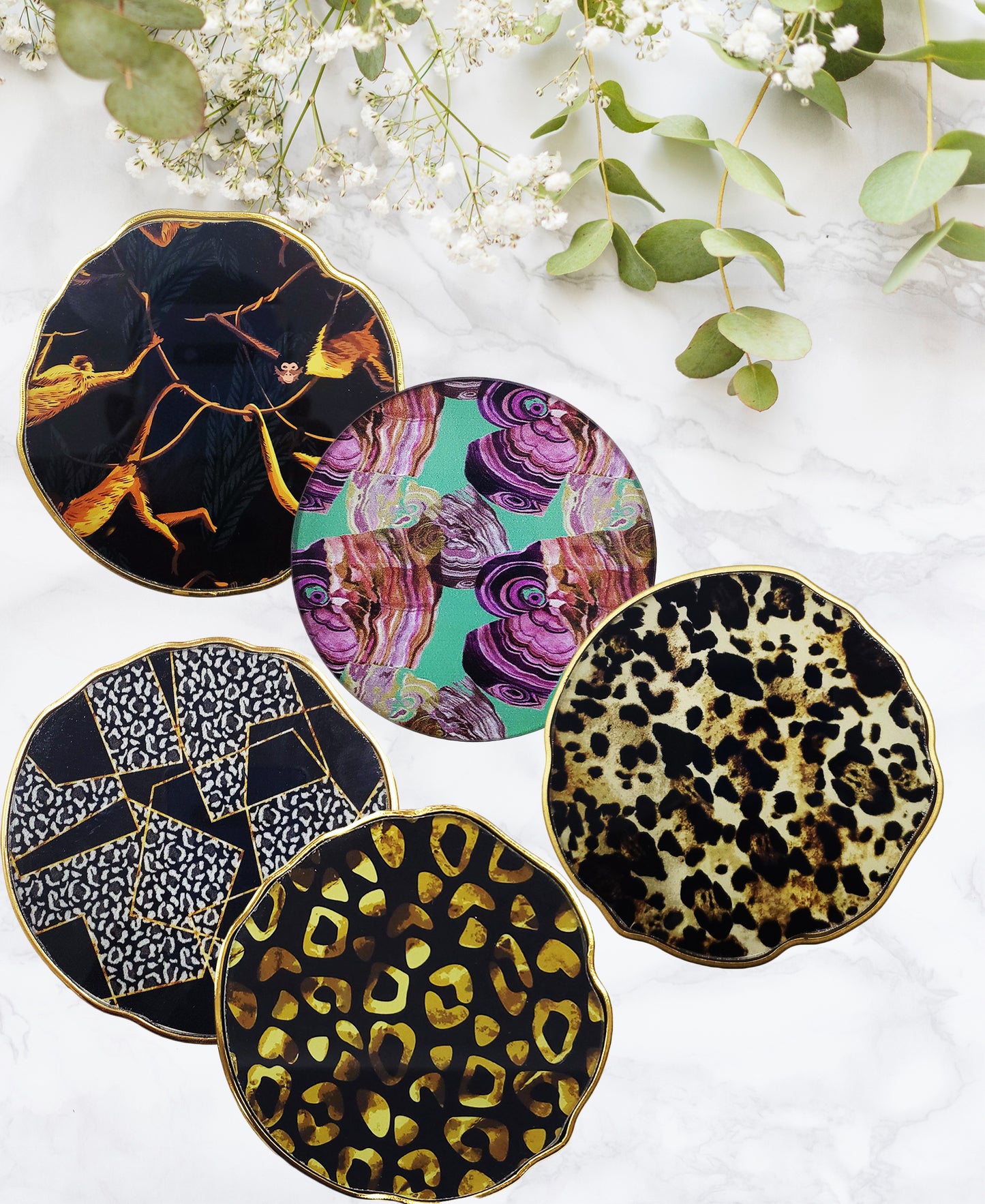 Kitchen Life Glass Coaster Cheetah Set Of 6 - Black & Gold